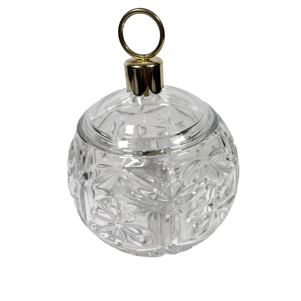 24% Lead Crystal Clear Cut Glass Christmas Ornament Candy Dish with Lid 5" VTG